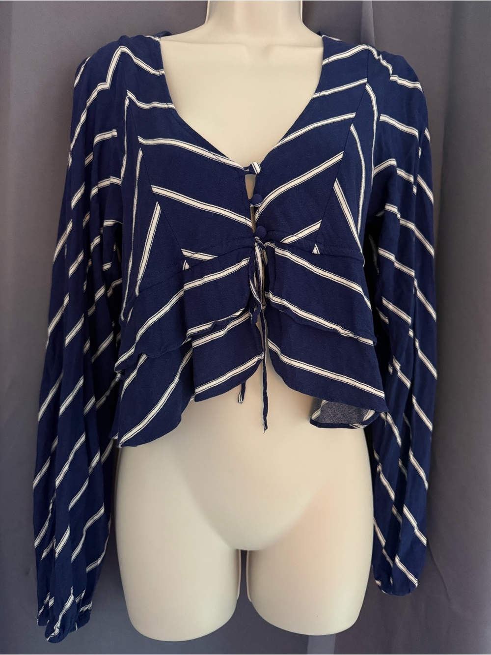 Free People Samifran Ruffle Crop Top Navy Striped Women's